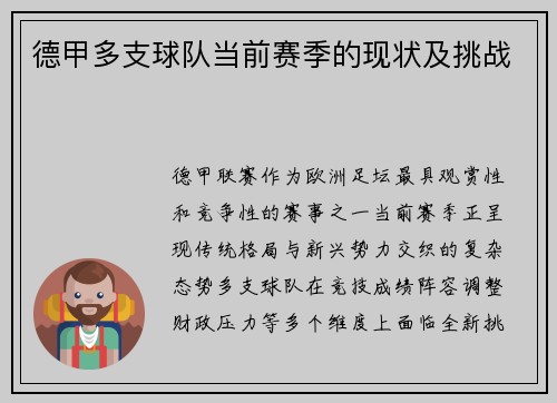 德甲多支球队当前赛季的现状及挑战