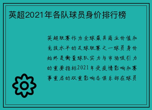 英超2021年各队球员身价排行榜