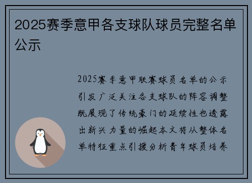2025赛季意甲各支球队球员完整名单公示